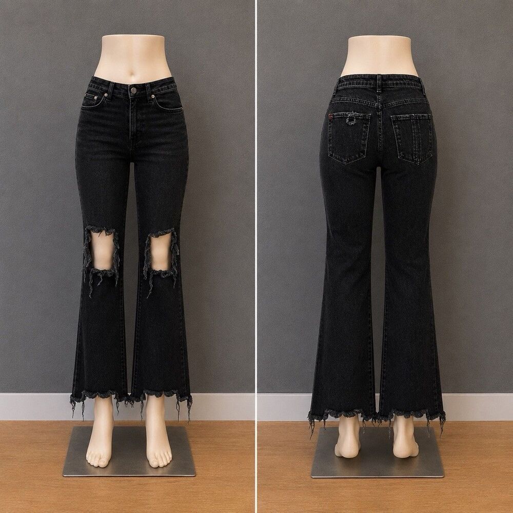 BDG Urban Outfitters Black Distressed Flare Jeans Women Size 28 High Rise Ripped